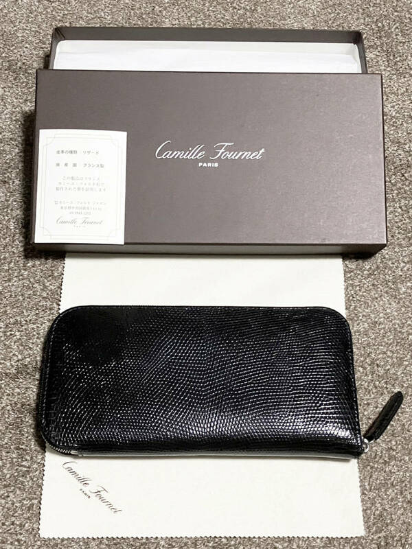 Camille Fournet カミーユフォルネ リザード ラウンドジップ 財布 長財布 ブラック 黒 ロングジップウォレット