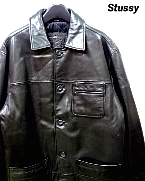 S 未使用【Stussy Leather Coat Jacket Black ステューシー レザージャケット コート 90' 90年代 オールド レア ブラック】