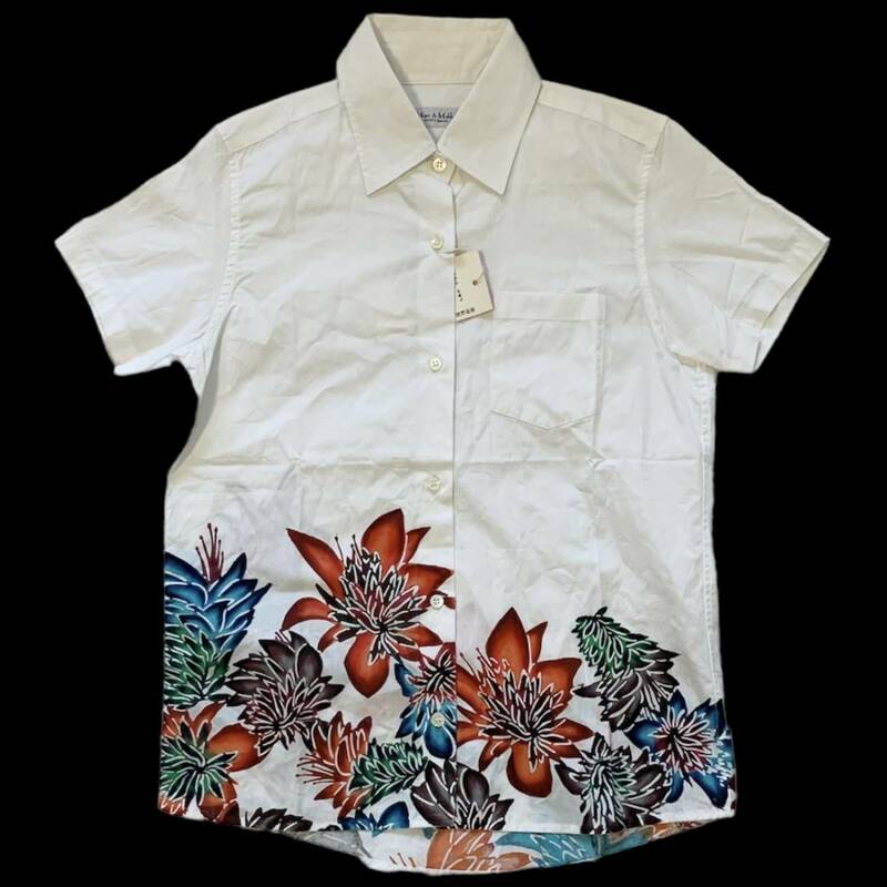 新品 YOKANG購入品 Mari&Makky SHIRTS BACCA かりゆしウェア 半袖シャツ サイズ1 S相当 琉球紅型 型染め 白×植物柄 送料無料