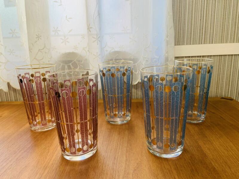 佐々木クリスタル 昭和レトロ タンブラー グラス ガラス コップ カップ ブルー パープル 5客セット まとめて