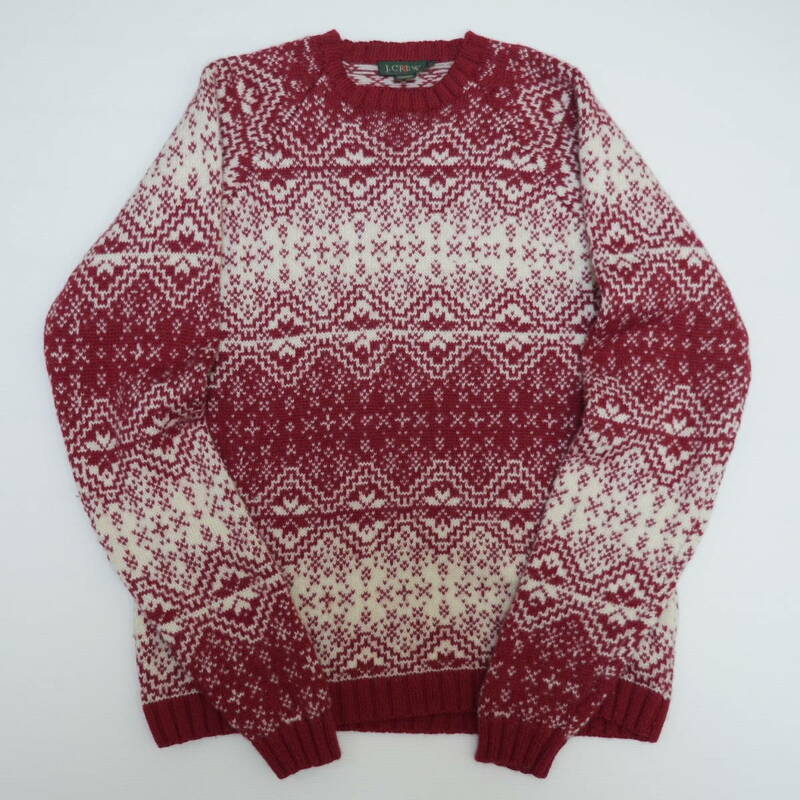 ジェイクルー J.CREW 90s ヴィンテージ 雪柄 肉厚 ウール クルーネック ニット セーター S レッド オフホワイト 香港製 ホンコン 20202139