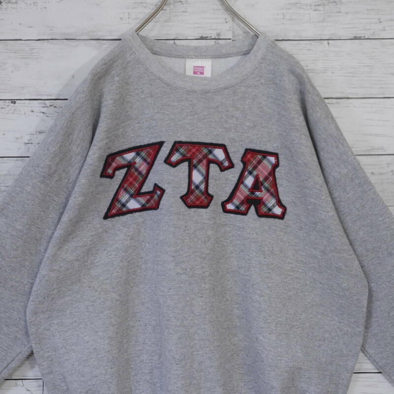 メキシコ製 ヘインズ Hanes ZTA Zeta Tau Alpha カレッジワッペン刺繍ロゴ 裏起毛 クルーネック スウェット トレーナー L グレー 20201775