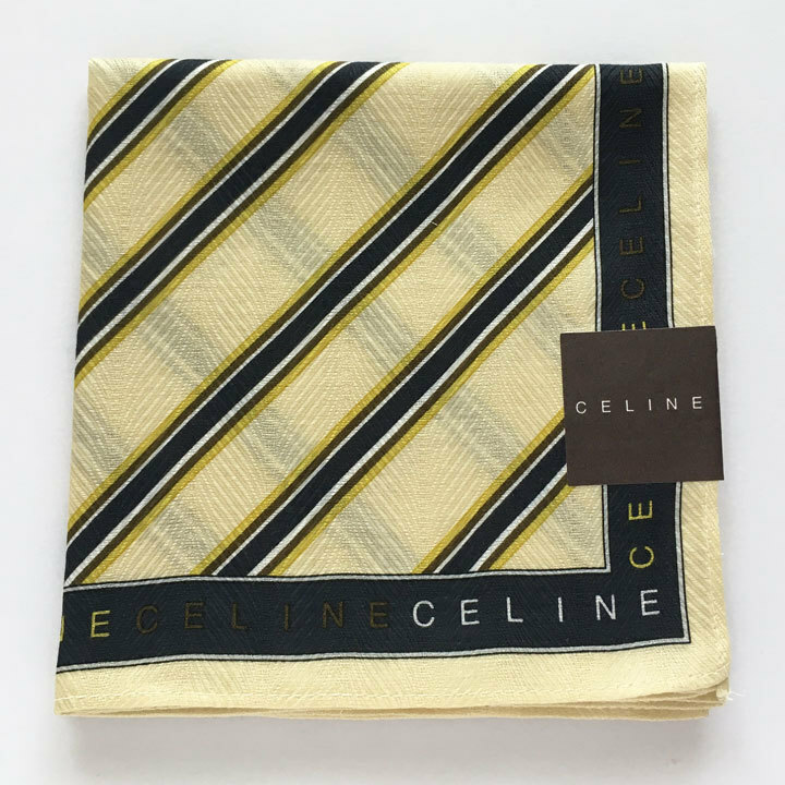 セリーヌ / CELINE　ハンカチ　ななめストライプ柄　織り柄入りベージュ生地　ロゴ入りチャコールグレー枠【5985】
