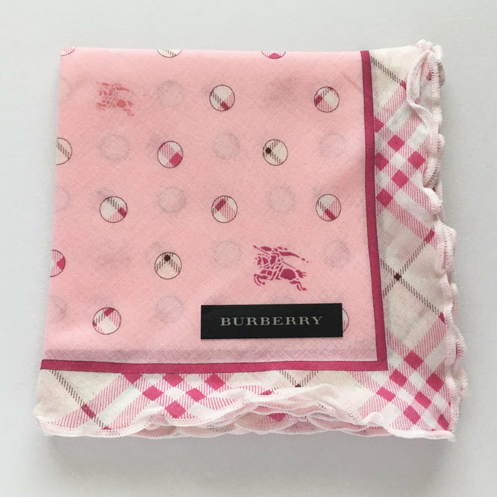 バーバリー / BURBERRY ハンカチ　ホース＆ノバ水玉柄　ピンク生地　ノバチェックフリルふち【5950】