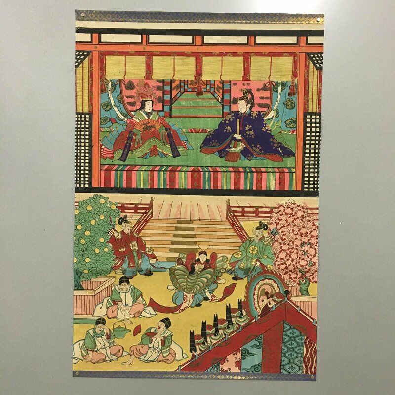 明治時代　お雛様　木版画　467x695mm　　　　　　ひな祭り　雛祭り　桃の節句　刷り物　金泥