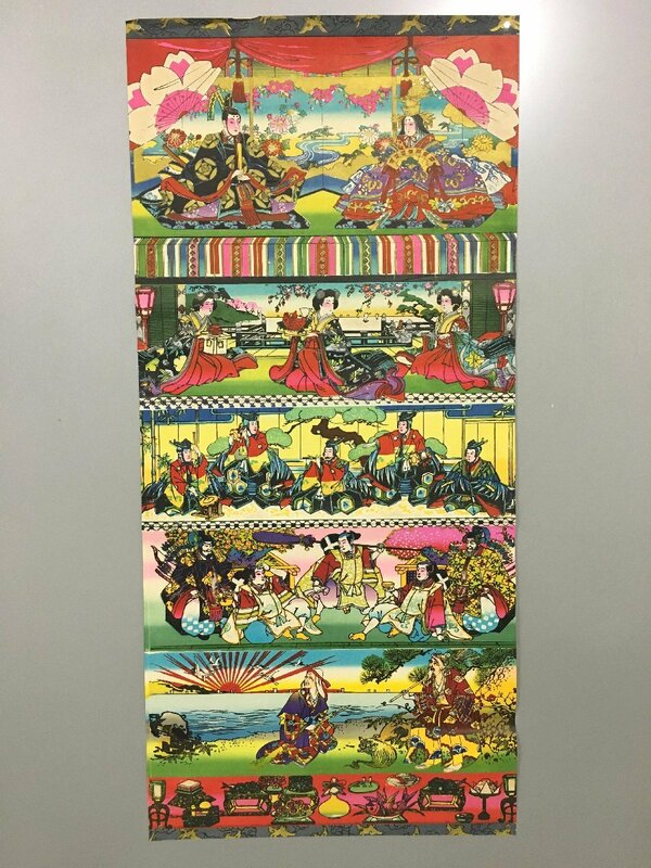 明治時代　お雛様　木版画　431x938mm　　　　　　ひな祭り　雛祭り　桃の節句　刷り物