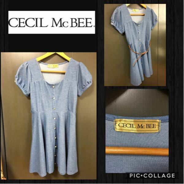 ◆CECIL McBEE セシルマクビー デニム風 半袖ワンピース ベルト付き レディースM 比較的綺麗 