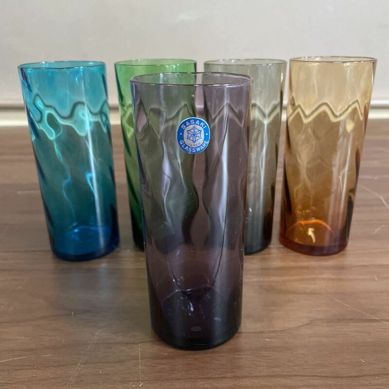 【ガラスコップ】昭和レトロ ガラス グラス 5色セット 紫 茶 水色 緑 黒 ササキ グラスウェア アンティーク 昭和 食器