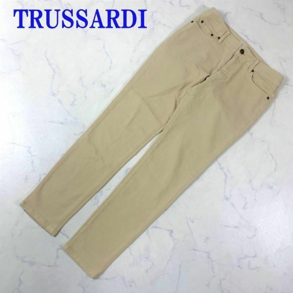TRUSSARDI トラサルディ コットンデニムパンツ ベージュカジュアル ブランロゴボタン 両サイドポケット有 38 C6370