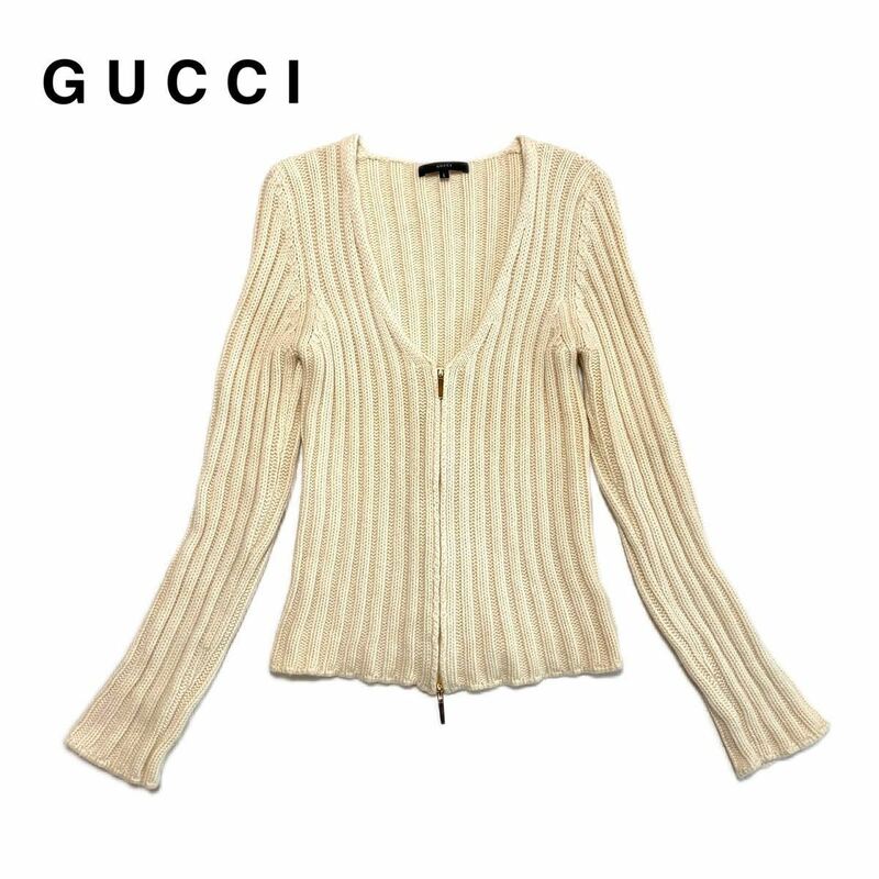 ☆良品 グッチ GUCCI ダブルジップ カシミヤ リブニット カーディガン セーター クリーム色 size L イタリア製