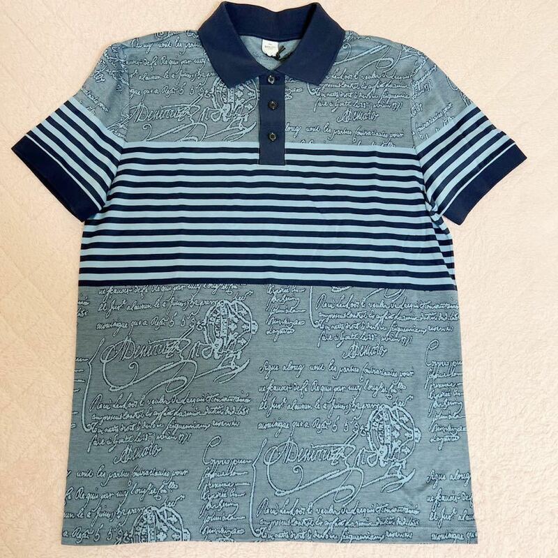【新品】Berluti Striped Scritto Polo Shirt Blue Majorelle ベルルッティ ストライプ スクリット ポロシャツ ブルー マジョレル size S