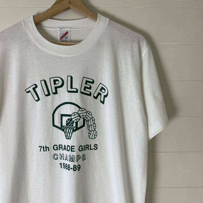 80s USA製 白 プリントTシャツ 半袖Tシャツ JERZEES ジャージーズ バスケ アメリカ製 古着vintage ヴィンテージ Lサイズ バスケットボール