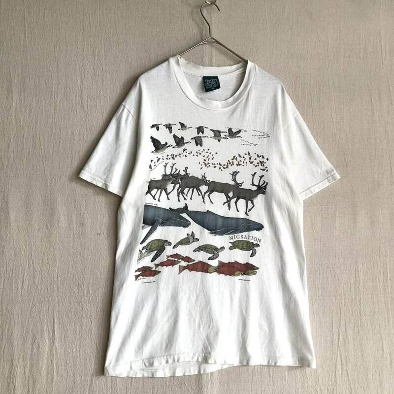 USA製 90s vintage Tシャツ / 実寸L コットン ホワイト プリント イラスト 動物 半袖 ビンテージ T3-08021-0 sale