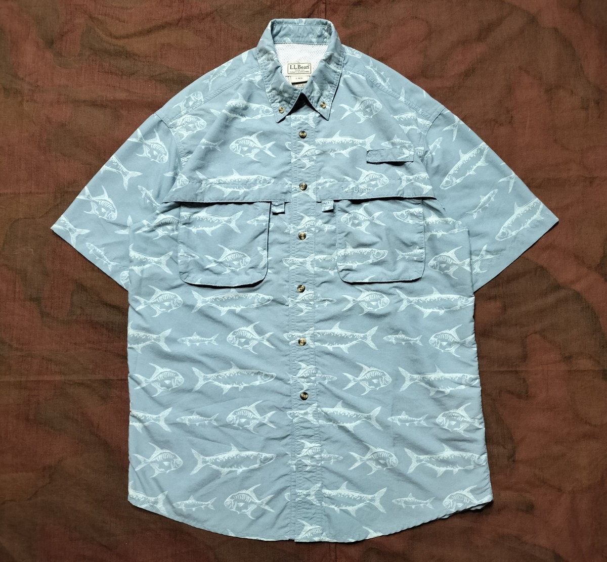 LLBean 総柄　フィッシングシャツ　S フィッシュ柄　アニマル　魚柄　エルエルビーン 半袖シャツ