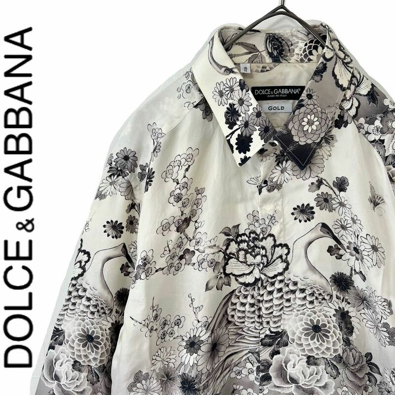 【送料無料】DOLCE&GABBANA ドルチェ&ガッバーナ 和柄　シャツ　メンズ　鶴　L ドルガバ　長袖　モノトーン　シルク