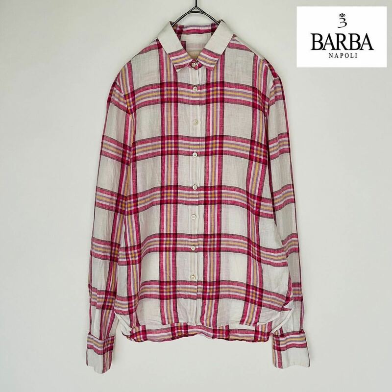 BARBA バルバ 美品 希少 イタリア製 リネンシャツ 長袖シャツ ボタンダウン チェック 日焼け対策 冷房対策 ゆったりめ リネン100% size 40