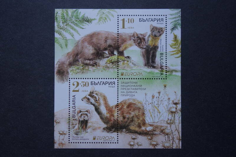 外国切手：ブルガリア切手 「（2021年ヨーロッパ切手）共通テーマ・絶滅危惧種」（マツテンとマダライタチ）小型シート 未使用