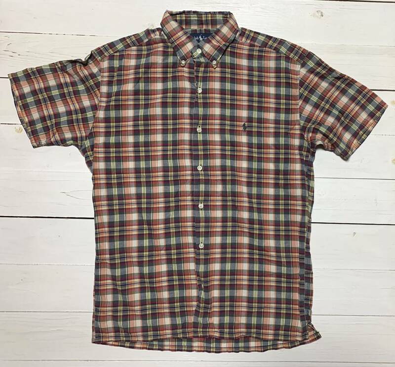 ラルフローレン 半袖 マドラスチェック ボタンダウン シャツ M polo ralph lauren madras check レッド ネイビー