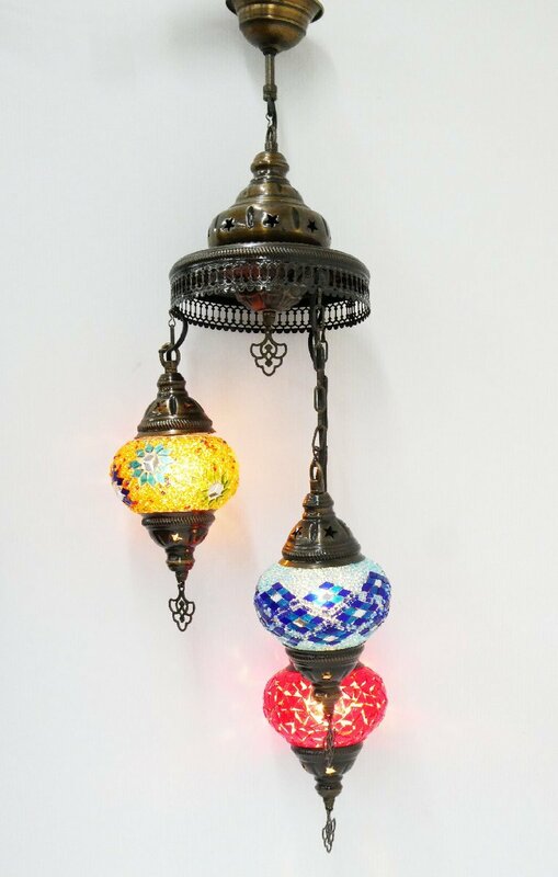 ○ モザイクトルコランプ ガラスランプ 3灯 シャンデリア 天井照明 ペンダント照明 吊り下げ照明 モザイクタイルランプ