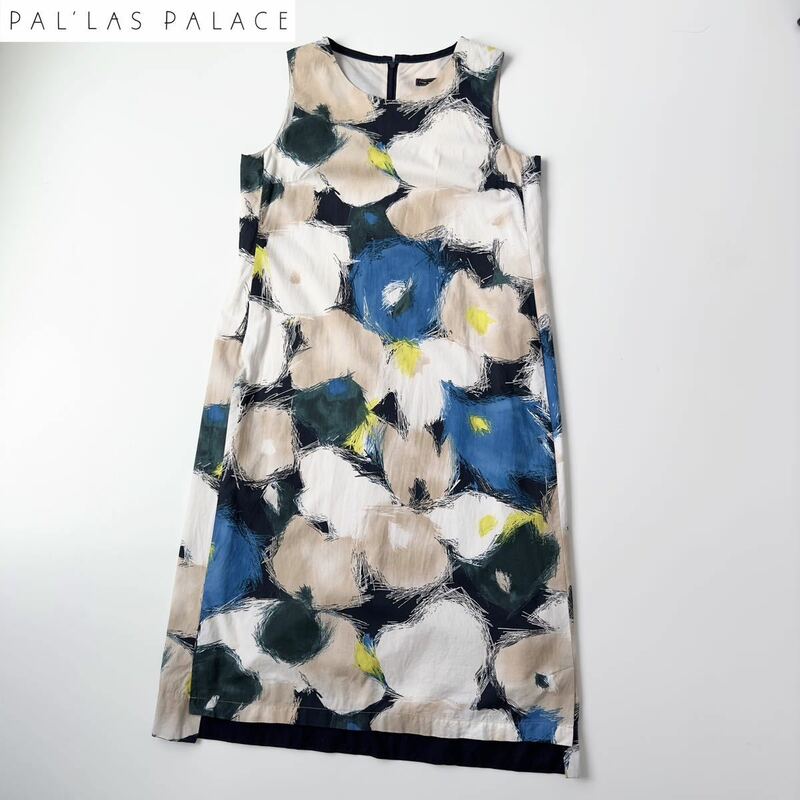 美品 Pal'las Palace パラスパレス 手描き柄プリントノースリーブワンピース 3 L マルチカラー バックジップ 総柄 裏地付き コットン