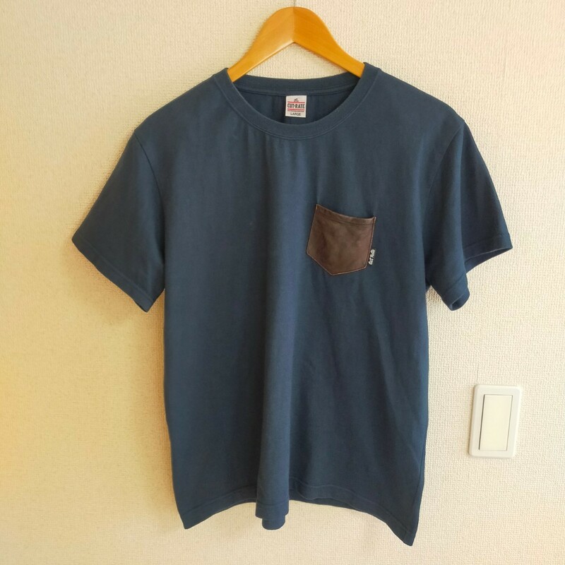 CUT RATE カットレイト LEATHER POCKET T-SHIRT レザー ポケットtシャツ 半袖 L ネイビー(紺)