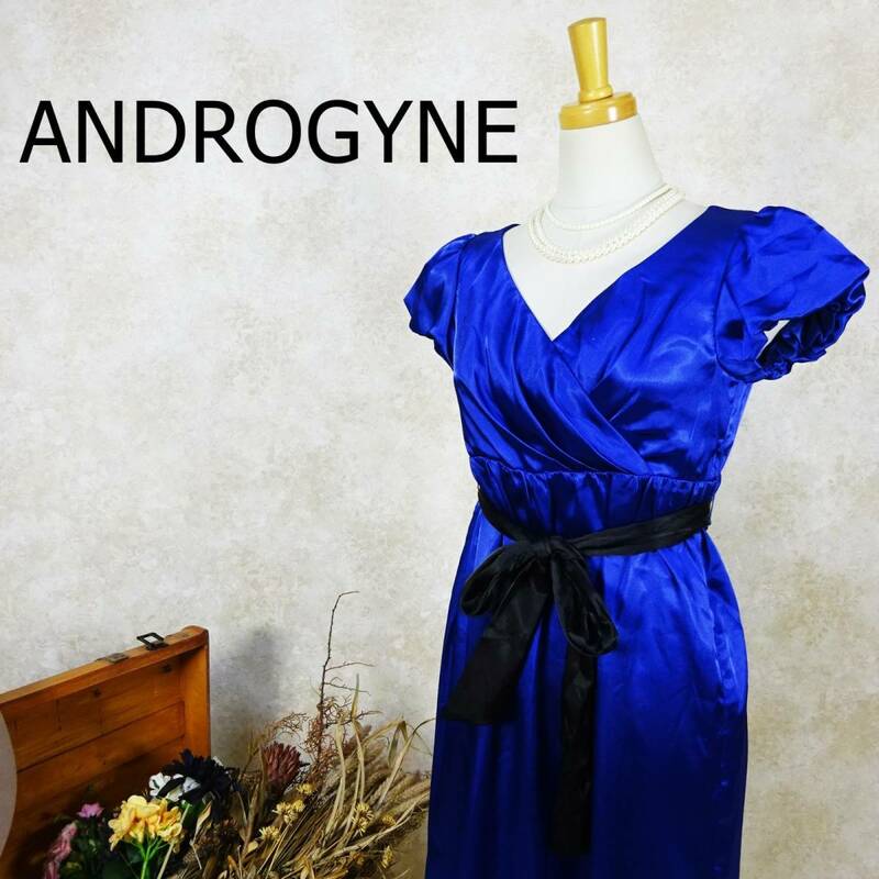 アンドロジーヌ ANDROGYNE ドレス ワンピース サイズ38 M ブルー ひざ丈 レース リボン カシュクール 半袖 結婚式 パーティー B-661