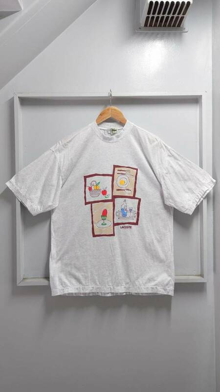 90’s CHEMISE LACOSTE HOME WEAR シングルステッチ “Breakfast” プリント Tシャツ アッシュグレー M 半袖 ラコステ 日本製
