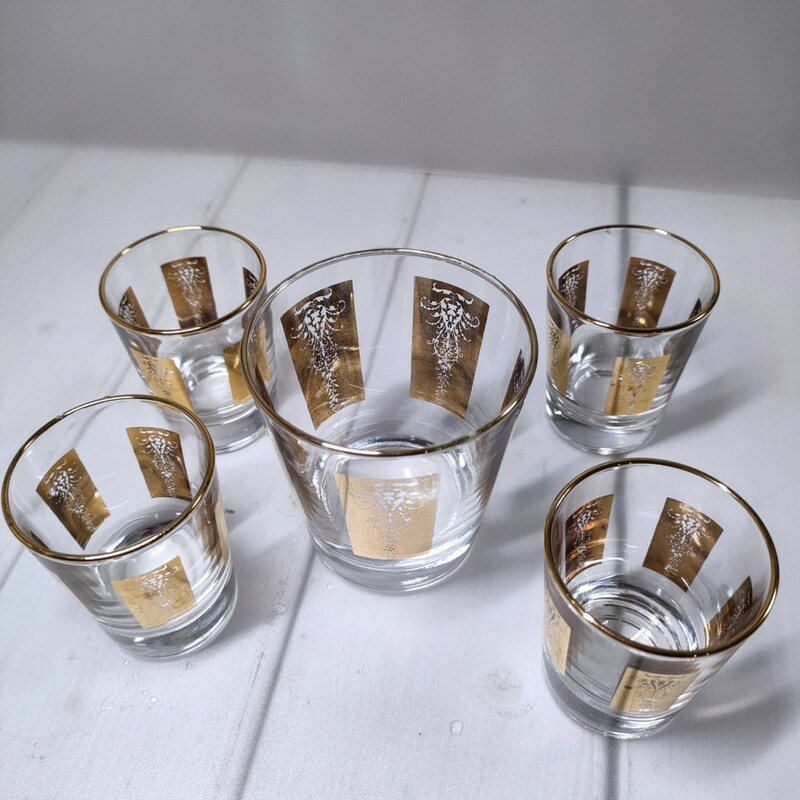 ST6] 金模様　昭和レトロ　グラス　５個　セット　金縁　ガラス　硝子製　コップ　ショットグラス　ウィスキー　ブランデー　ロックグラス