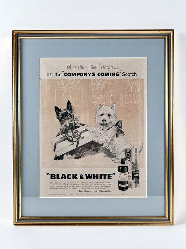 ブラック＆ホワイト ウィスキー 広告 スコッチテリア ホワイトテリア 額付 額装 アートフレーム 犬 40's ヴィンテージ 壁掛け インテリア