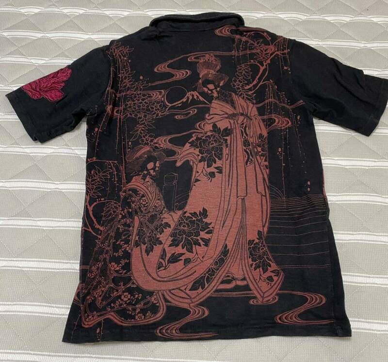 satori サトリ　ブランド　髑髏（ドクロ）スカル　柄　刺繍　プリント　Tシャツ　ポロシャツ　半袖　Lサイズ　和柄 半袖シャツ