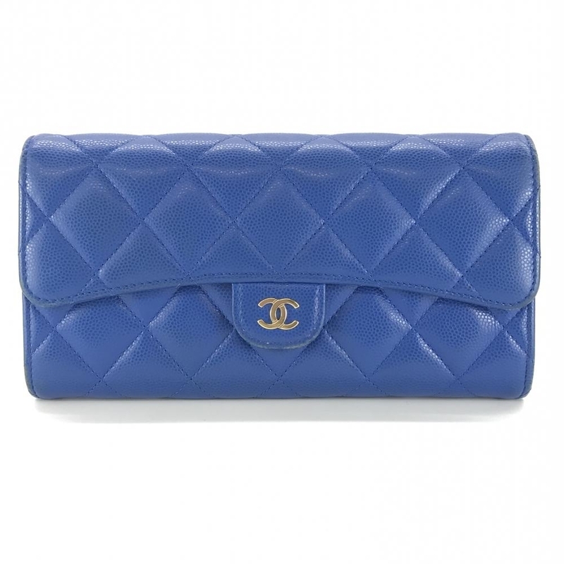 CHANEL シャネル AP0241 クラシック ロングフラップ ウォレット マトラッセ キャビアスキン ココマーク 長財布 青 ゴールド金具管理YK33576