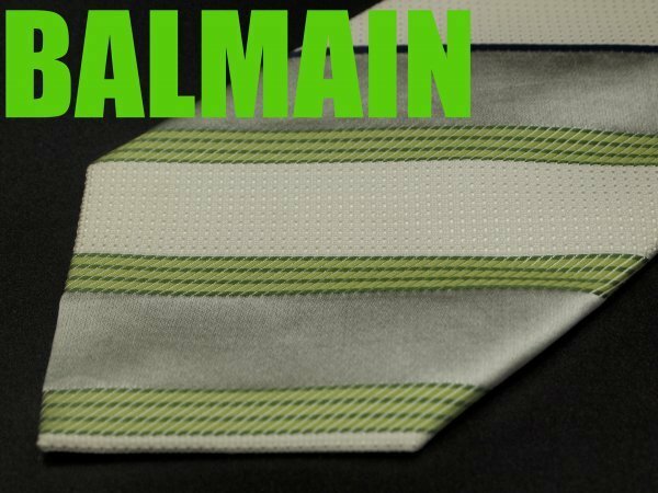 OA 435 【期間限定お試し】バルマン BALMAIN ネクタイ 白 緑色系 ストライプ柄 ジャガード