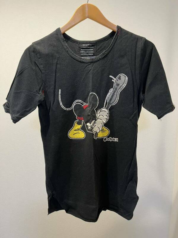 Roen × Disney クラッシュミッキー ダメージ加工 Tシャツ 46 / ロエン ディズニー Mickey プリント Tee スカル 半袖Tシャツ BLACK 黒