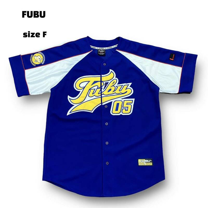 超美品 FUBU 半袖 ベースボールシャツ ゲーム シャツ ワッペン 刺繍 ビッグサイズ ビッグシルエット オーバーサイズ フブ ブルー 青 白 F
