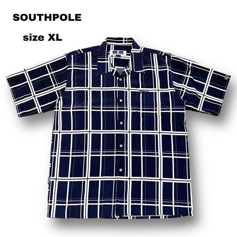 SOUTHPOLE サウスポール 半袖 開襟 シャツ チェック 刺繍 胸ポケット ネイビー 紺色 ビッグシルエット オーバーサイズ トップス XL