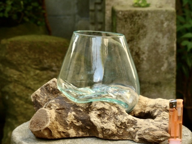 吹きガラスの花瓶+流木台座 h18cm アクアリウム水槽 テラリウム ガラスオブジェ メダカ鉢　玄関飾り0829a