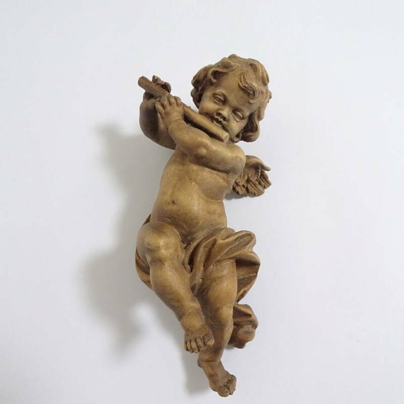 古いエンジェル 笛を吹く天使 木製 壁掛け 木製彫刻 ビンテージ インテリア小物 フック付き 約18cm 