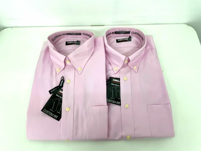未使用■カークランド メンズ ノンアイロン 半袖 ビジネスシャツ L 2枚 ピンク 大きいサイズ 
