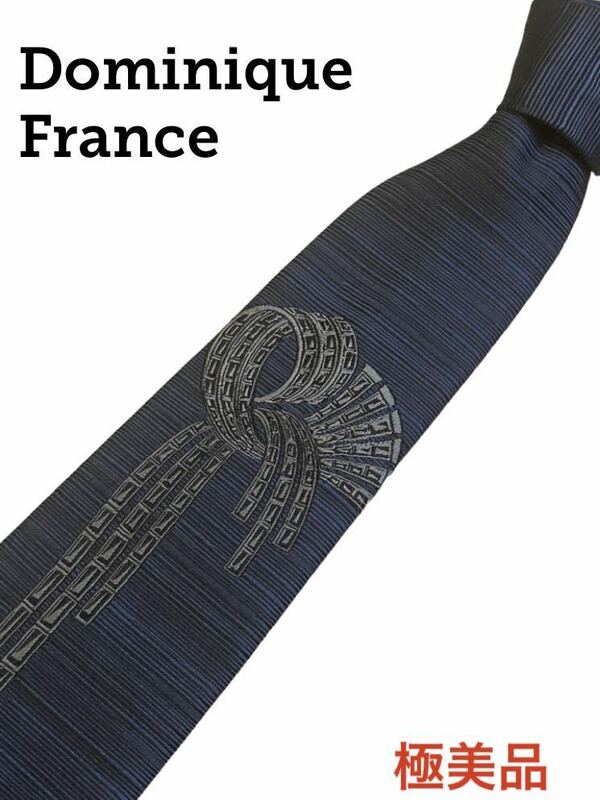 【極美品 Crown/クラウン 即日発送】Dominique France ネイビー レギュラー ネクタイ 扇形 リボン 刺繍 ドミニクフランス