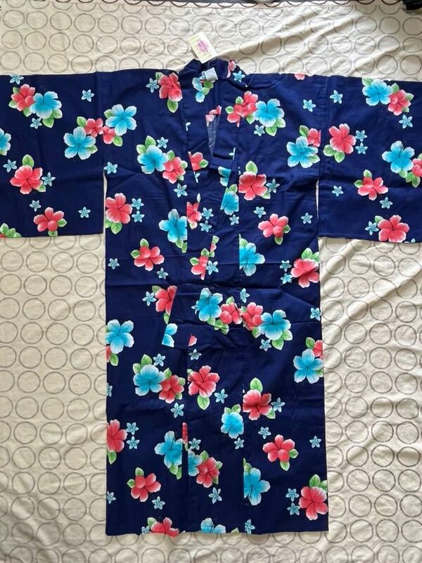 未使用品 ハイビスカス柄がかわいいキッズ浴衣160 ネイビー 日本製