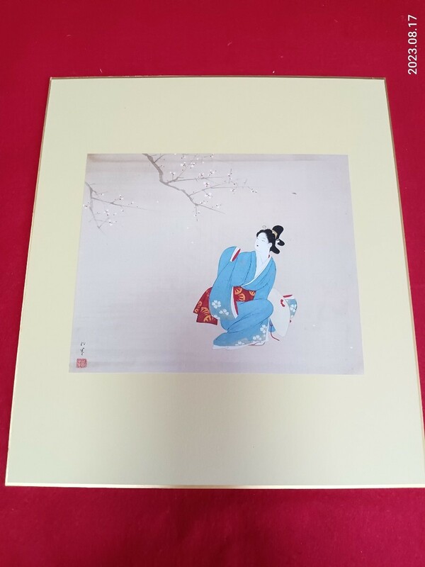 上村松園　　「春の旅」　インテリア飾り　　色紙　　日本画　　真作　　　印刷