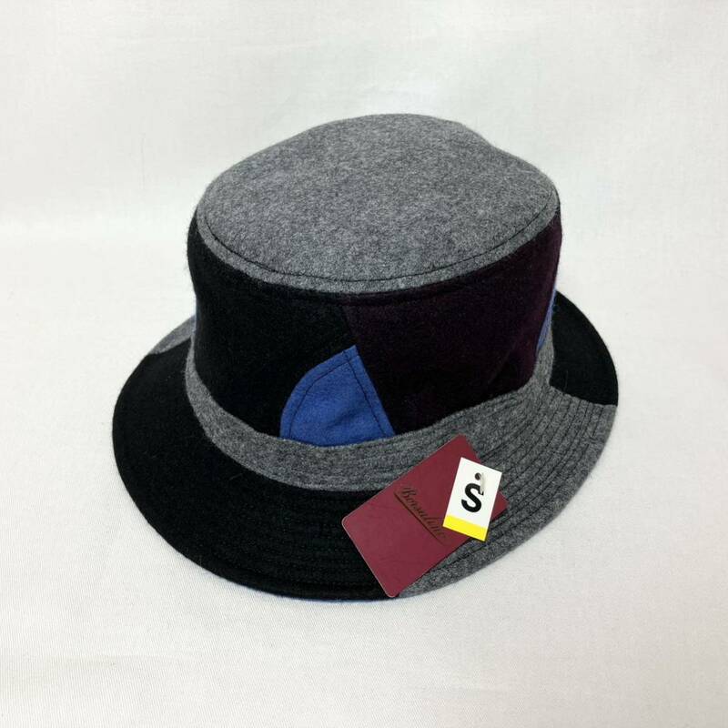 【新品未使用タグ付】高級 Borsalino ボルサリーノ ウールハット S 頭囲55cm 日本製 パッチワーク 老舗イタリアブランド バケット