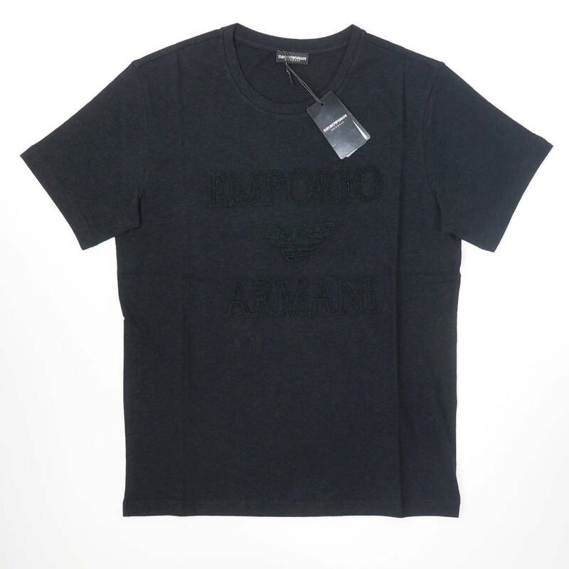 新品正規品 Emporio Armani エンポリオ アルマーニ SWIM 211818 3R485 クルーネック プリント ロゴ リネン Tシャツ ブラック M