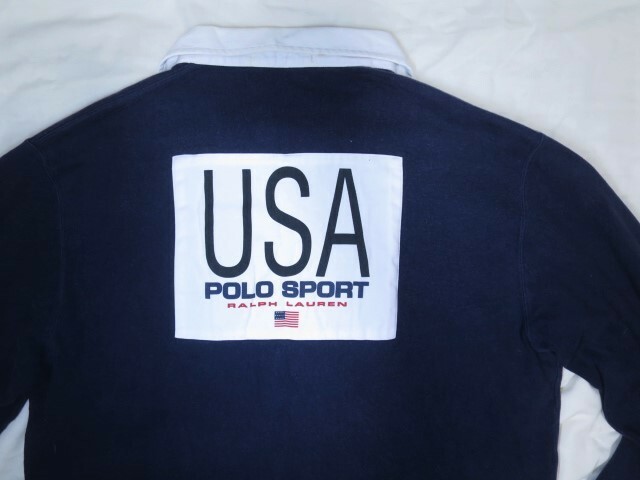 90s POLO SPORT ラルフローレン ラガーシャツ L 実寸 XL ネイビー 星条旗 K SWISS ワッペン ゼッケン USA ポロスポーツ