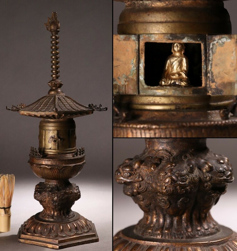M373 チベット仏教美術 古銅鍍金仏舎利塔 高42.5cm 獅子 木箱 仏教美術 仏像 仏塔 古美術 古玩 骨董 銅製