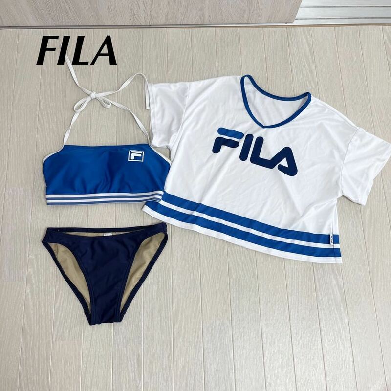 美品　FILA フィラ 水着　7号　S セパレート　スイムウェア　タンキニ　Tシャツ　ブルー/ホワイト　レディース水着 水着ビキニ