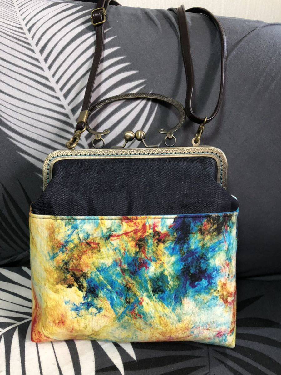 アンズルーム★小さめ2WAY★がま口　バッグ　ショルダー★ボタニカル★アクションピンティング