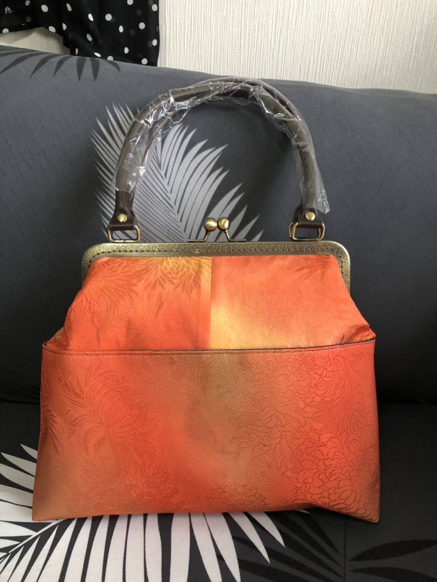 アンズルーム★着物　リメイク★がま口バッグ★ハンドバッグ★かばん★オレンジ系★大きな口★中外ポケット付き