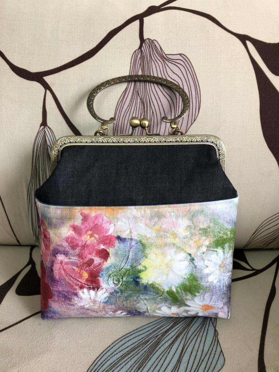 ハンドメイド【新品】★アンズルーム★小さめ2WAY★がま口　バッグ　ショルダー★ボタニカル★ピンク　グリーン　花柄　おしゃれ