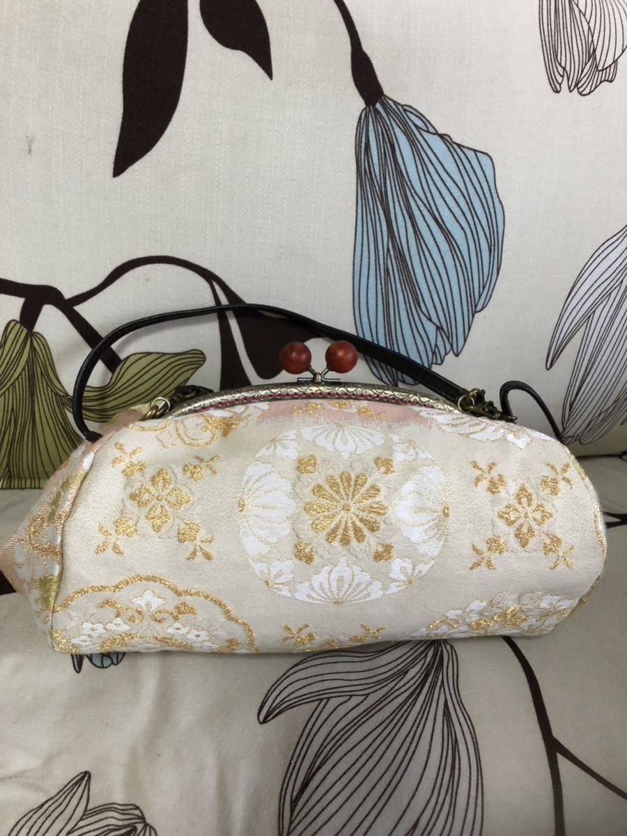 アンズルーム【新品】★2WAY コロンと可愛い がま口バッグ★ハンドバッグ★正絹帯★丹後ちりめん使用★白　ピンク　グリーン